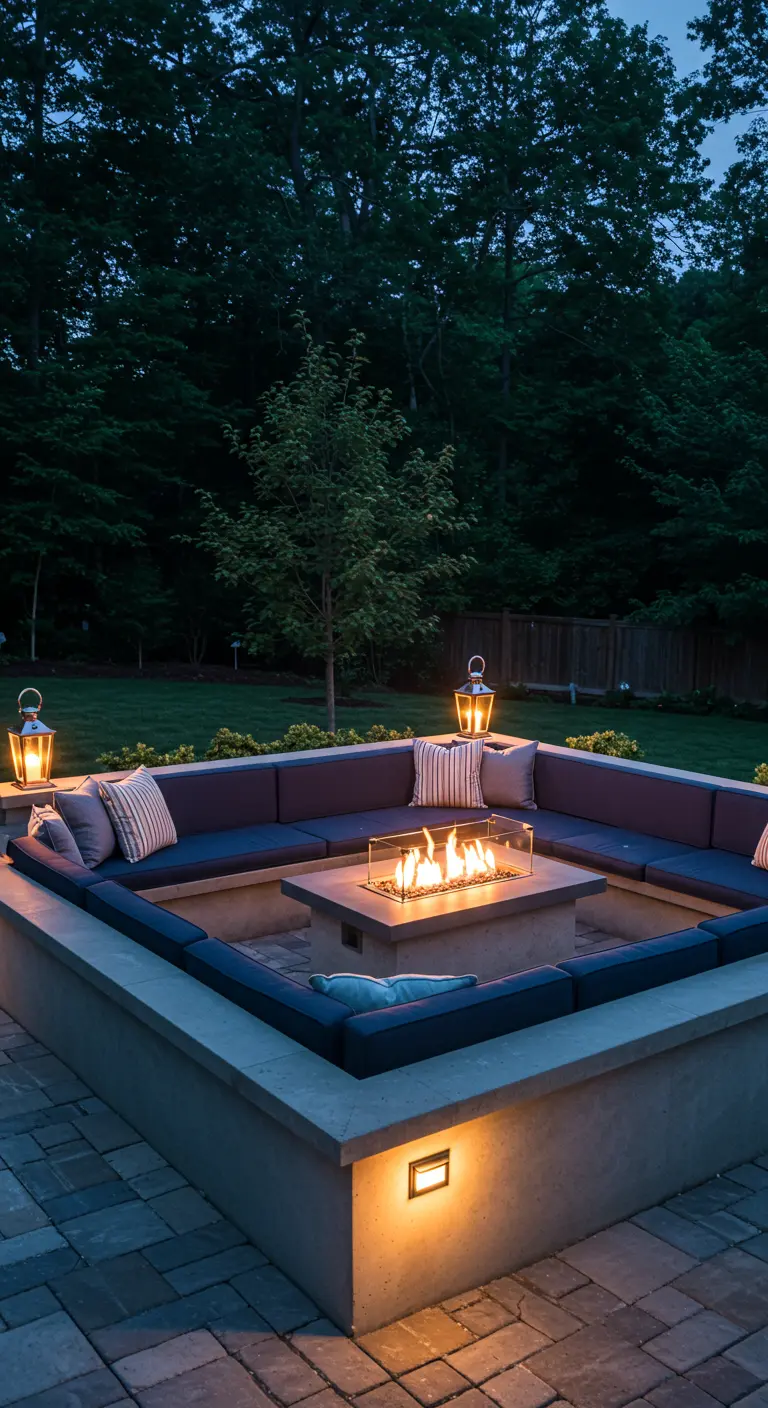 Sunken concrete fire pit area with navy cushions and integrated lighting.