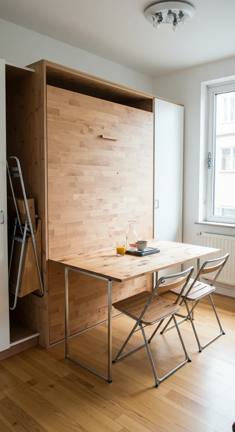 A Murphy bed unit with a fold-out dining table and chairs in a small apartment.