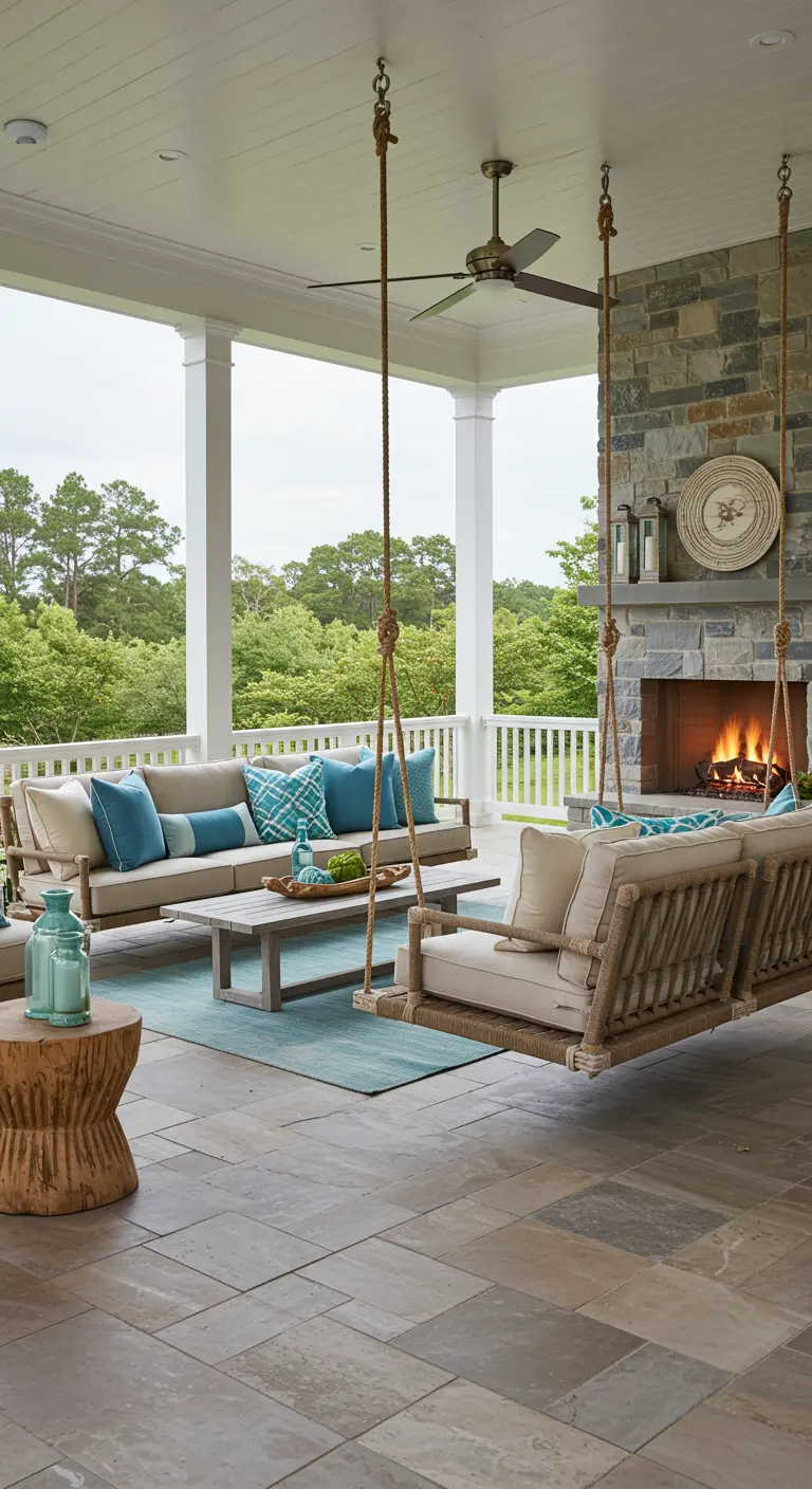 A large covered patio with a fireplace, sofa, and a matching rope-wrapped swing bench.