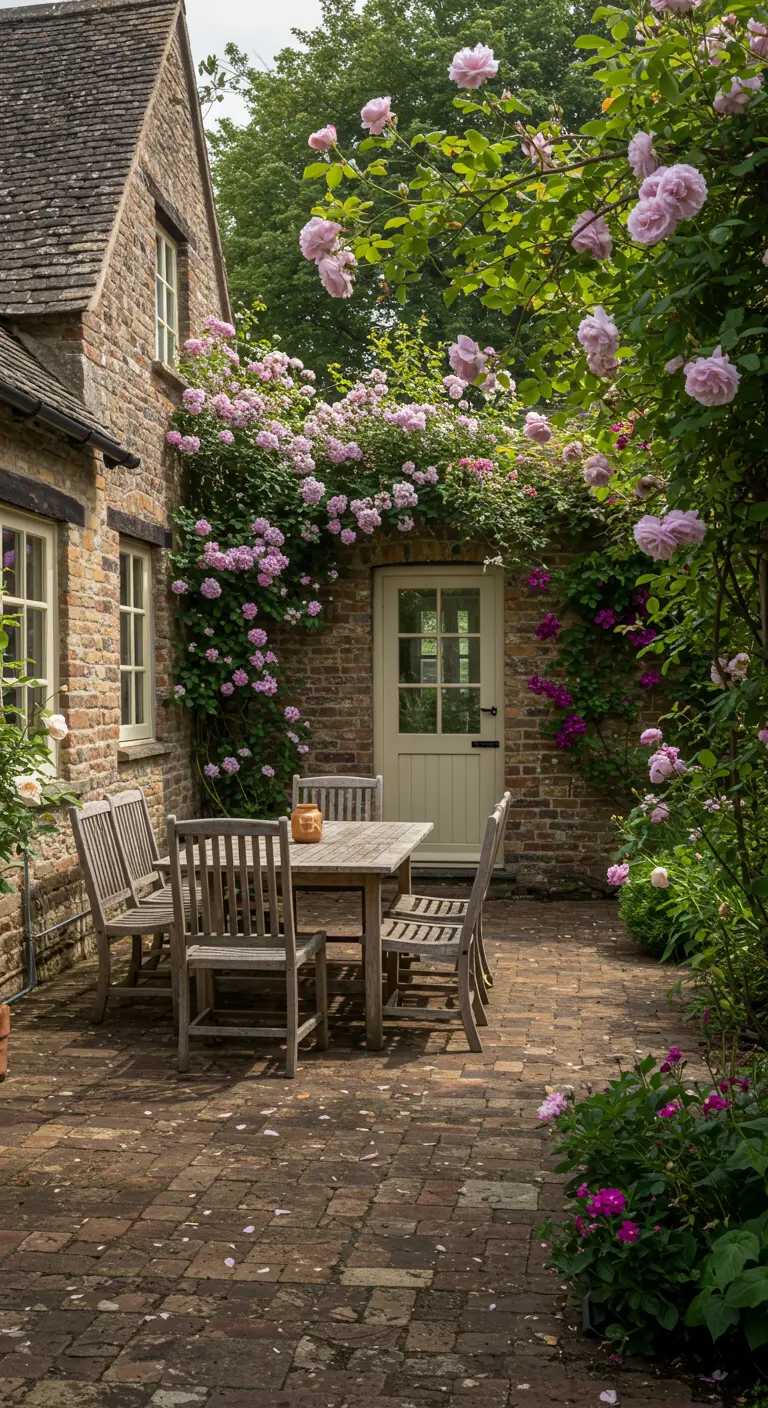 A brick cottage patio with pink climbing roses framing a sage green door.