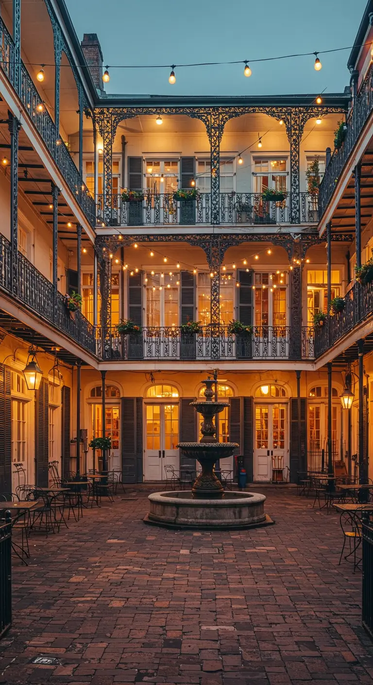 A multi-story courtyard with wrought iron balconies and globe lights strung across the open space.