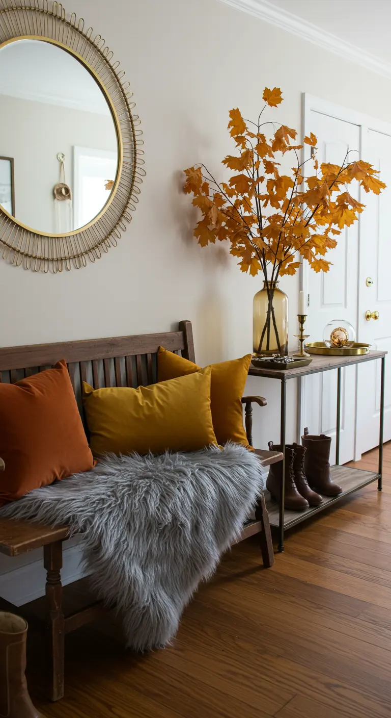Entryway bench with a grey faux fur throw, gold pillows, and a vase of fall leaves.