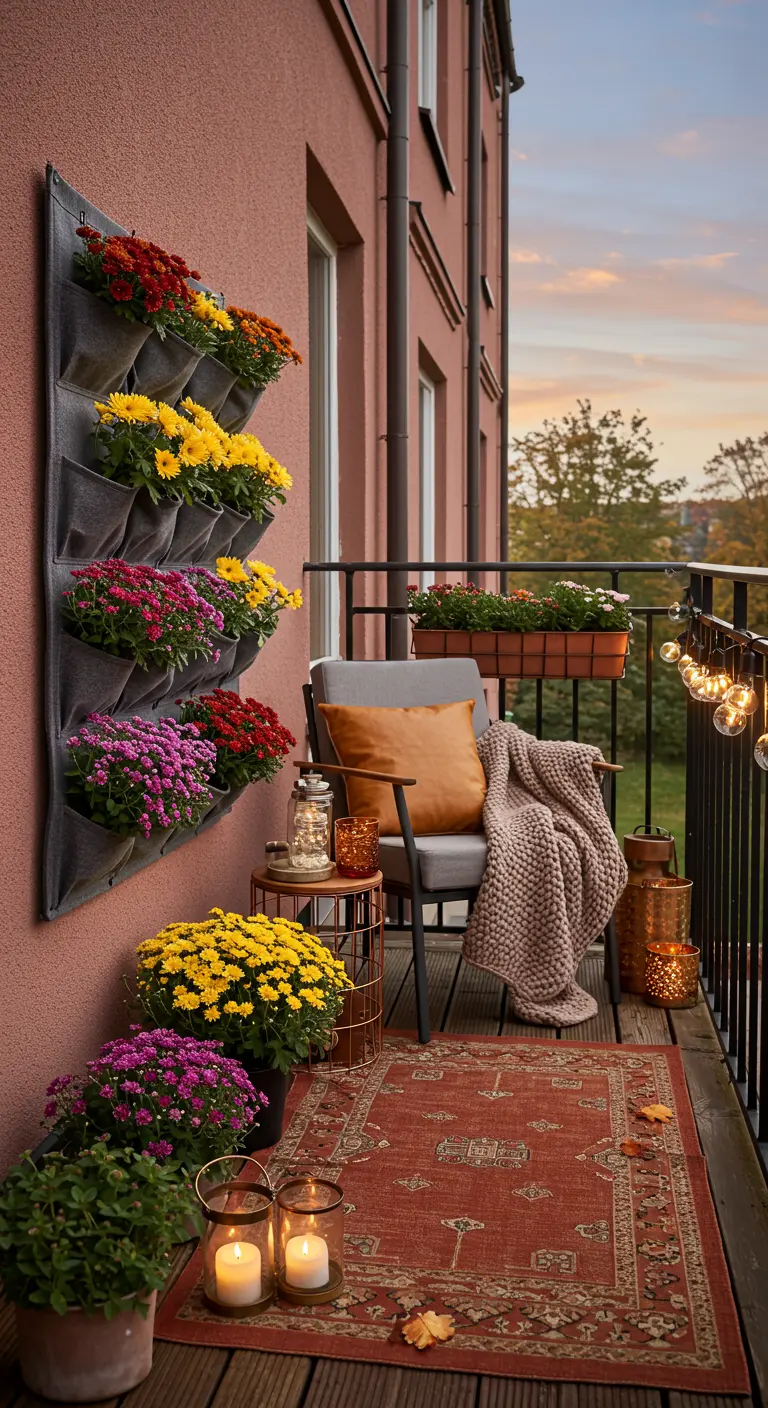 A cozy fall balcony with a fabric wall planter of mums, a knit throw, and candle lanterns.