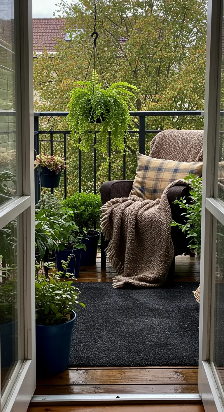 A cozy balcony nook with a dark rug, plush armchair, and warm knit blankets.