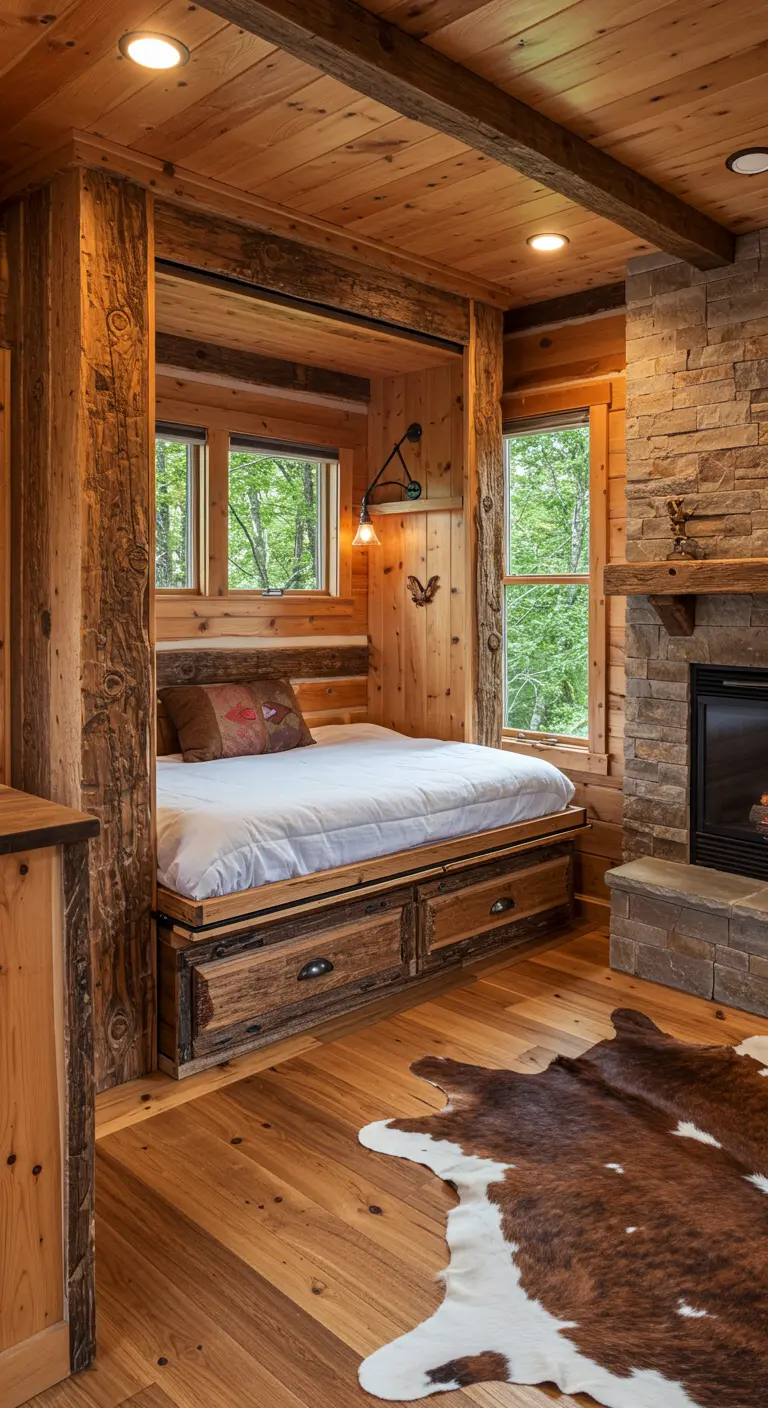 A Murphy bed tucked into a rustic wood alcove in a log cabin style room.