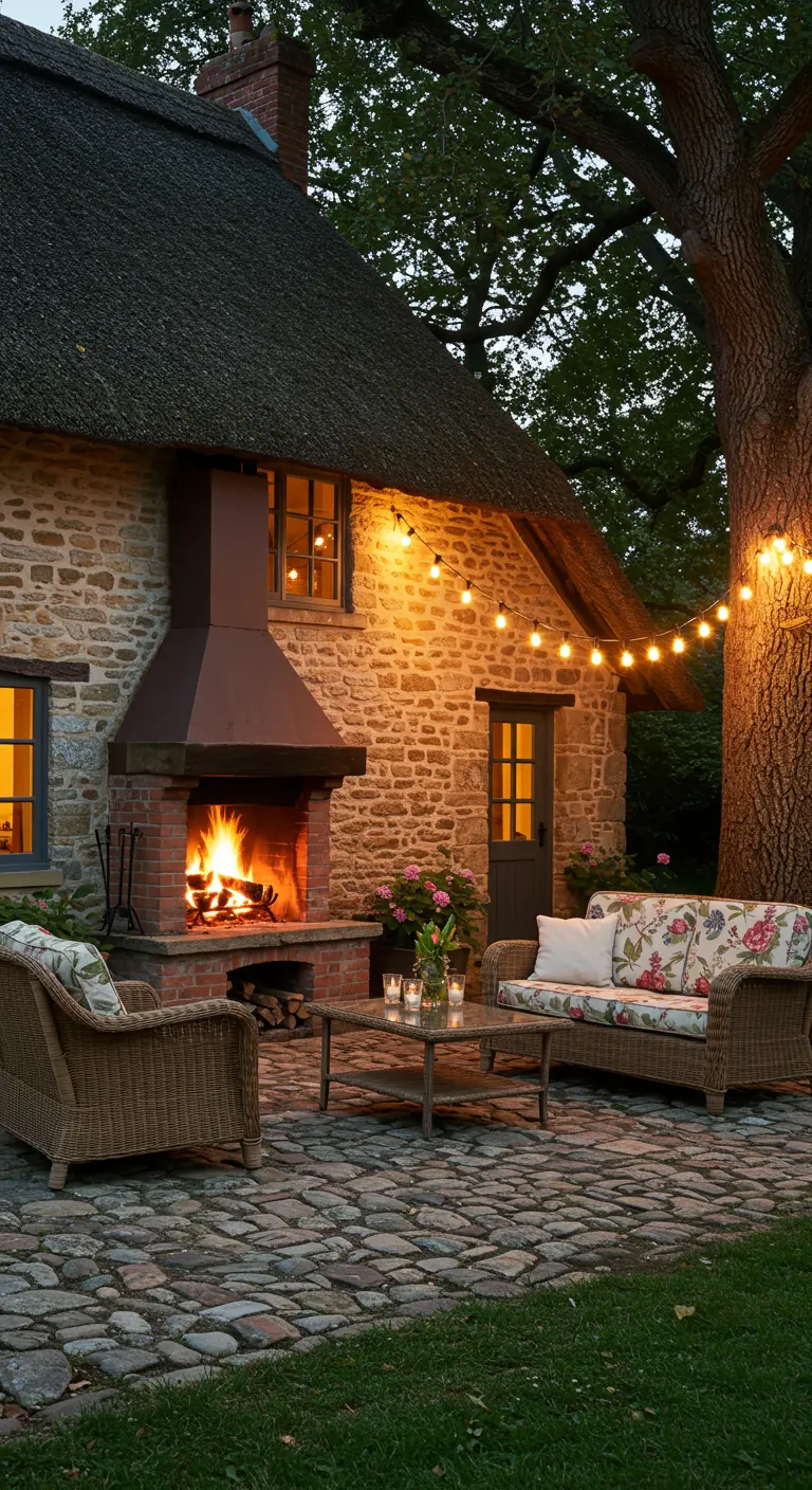 A stone cottage patio with a fireplace, wicker furniture, and a string of globe lights overhead.