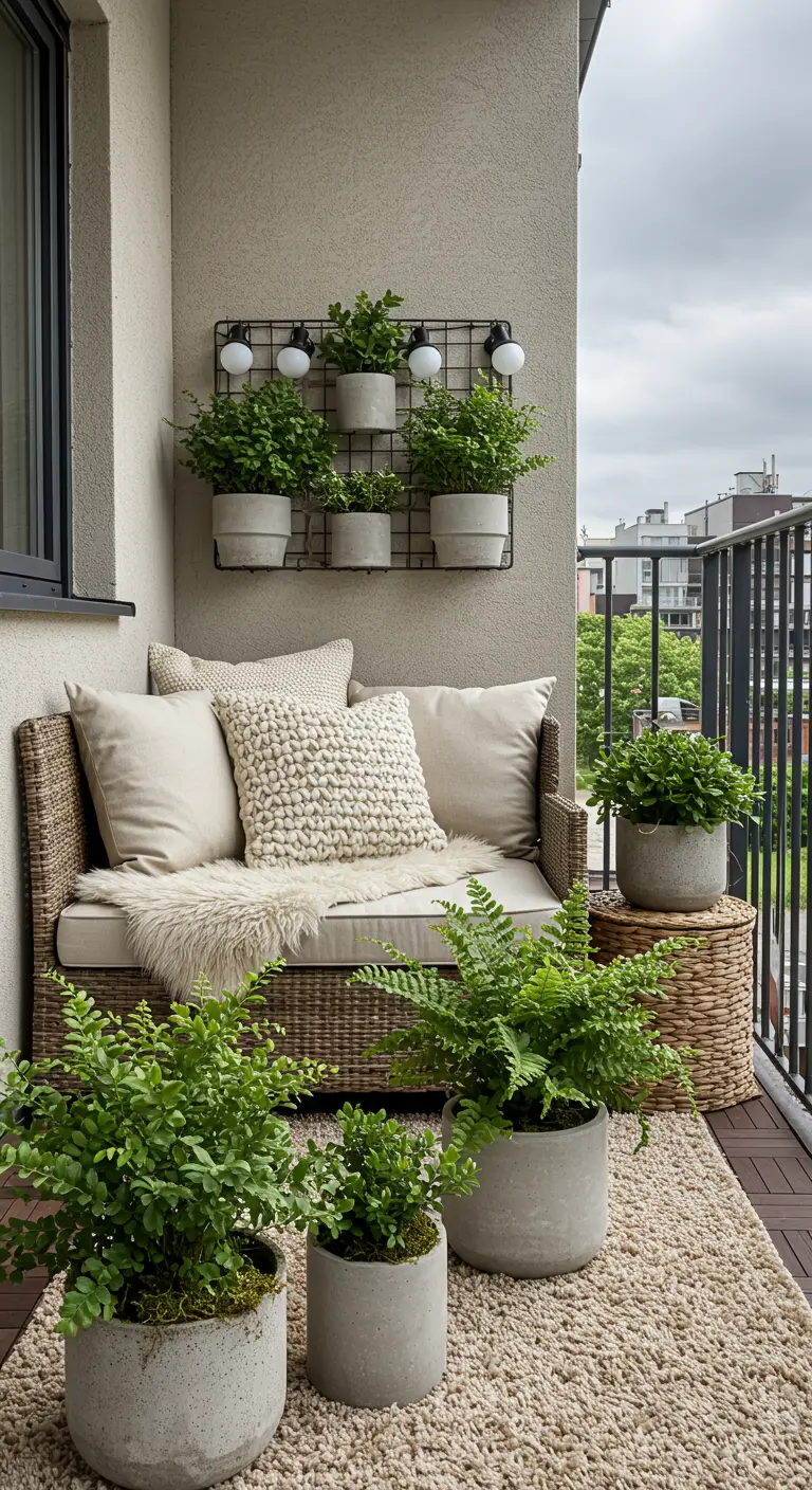 A comfy balcony with a wicker sofa, layered rugs, textured pillows, and concrete planters.