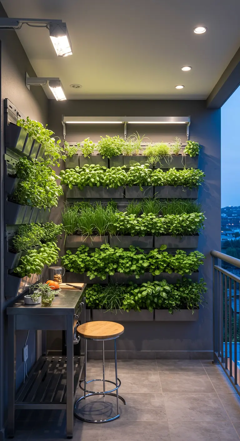 A modern balcony with a large, tiered wall garden full of herbs and greens, with a small prep table.