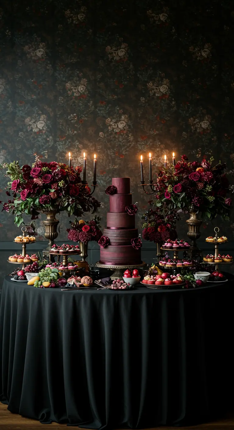 A lavish dessert table with a burgundy cake, floral arrangements, and candelabras.