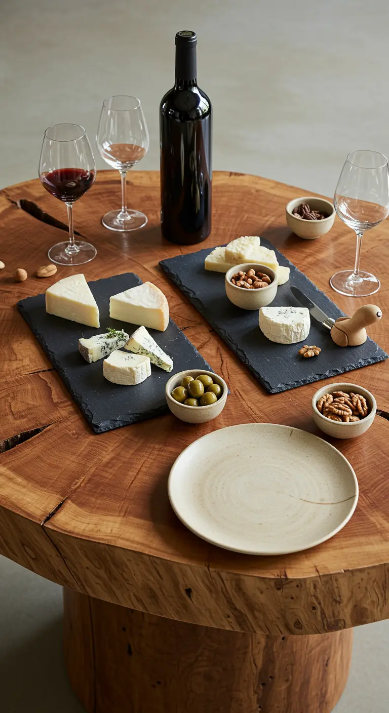 A rustic wood table set with slate cheese boards, wine, and ceramic bowls.