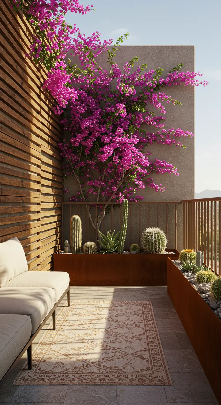 A sunny balcony with a climbing pink bougainvillea, Corten steel planters, and cacti.