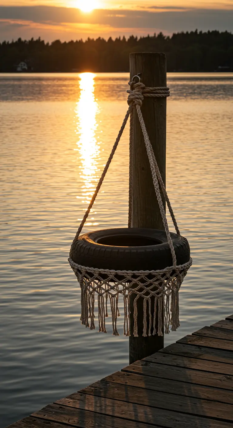 A simple tire swing with a macramé net hanging from a dock piling.