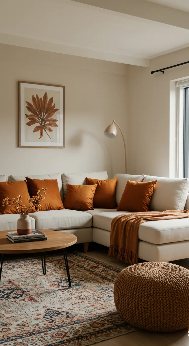 Cozy living room with burnt orange velvet pillows on a beige sofa.