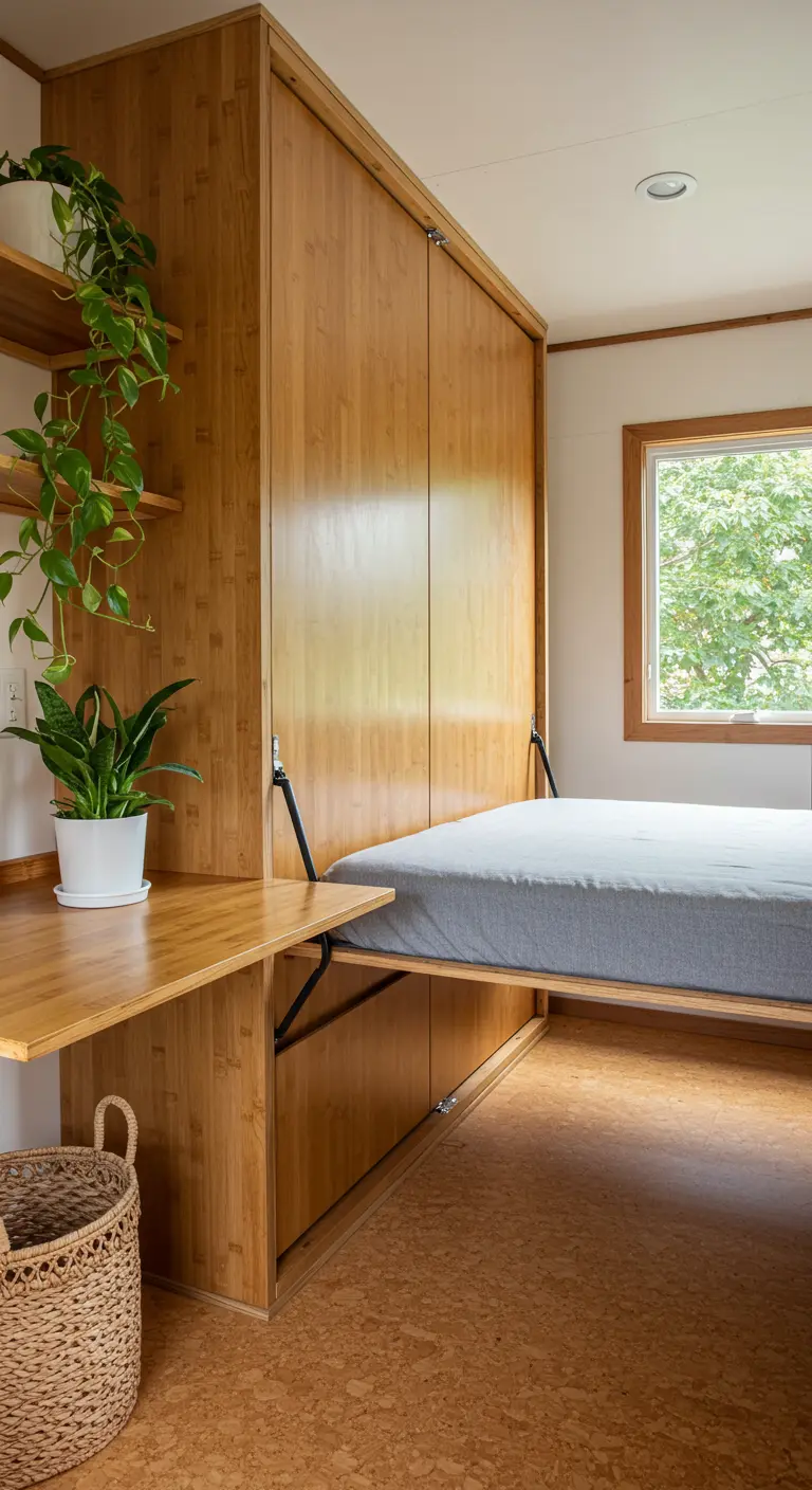 A bamboo Murphy bed and desk combination in a small room with cork floors.