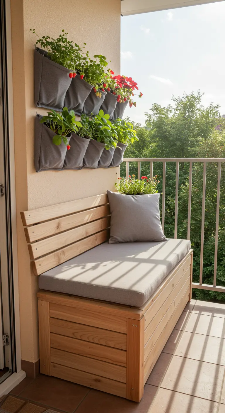 A balcony with a wooden storage bench and hanging fabric planters filled with strawberries.