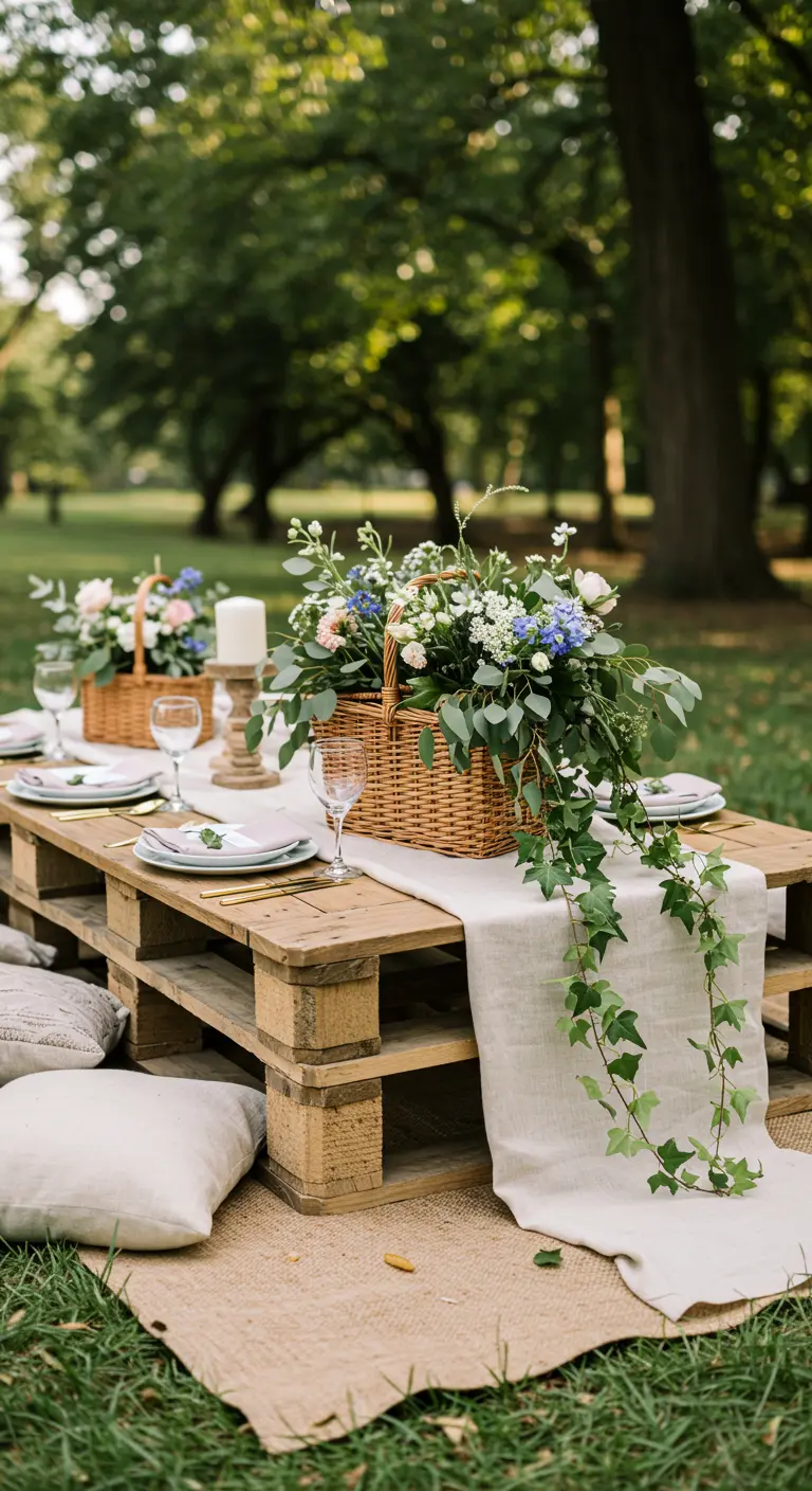 A low picnic table made of wooden pallets with a floral basket centerpiece and pillows for seating.