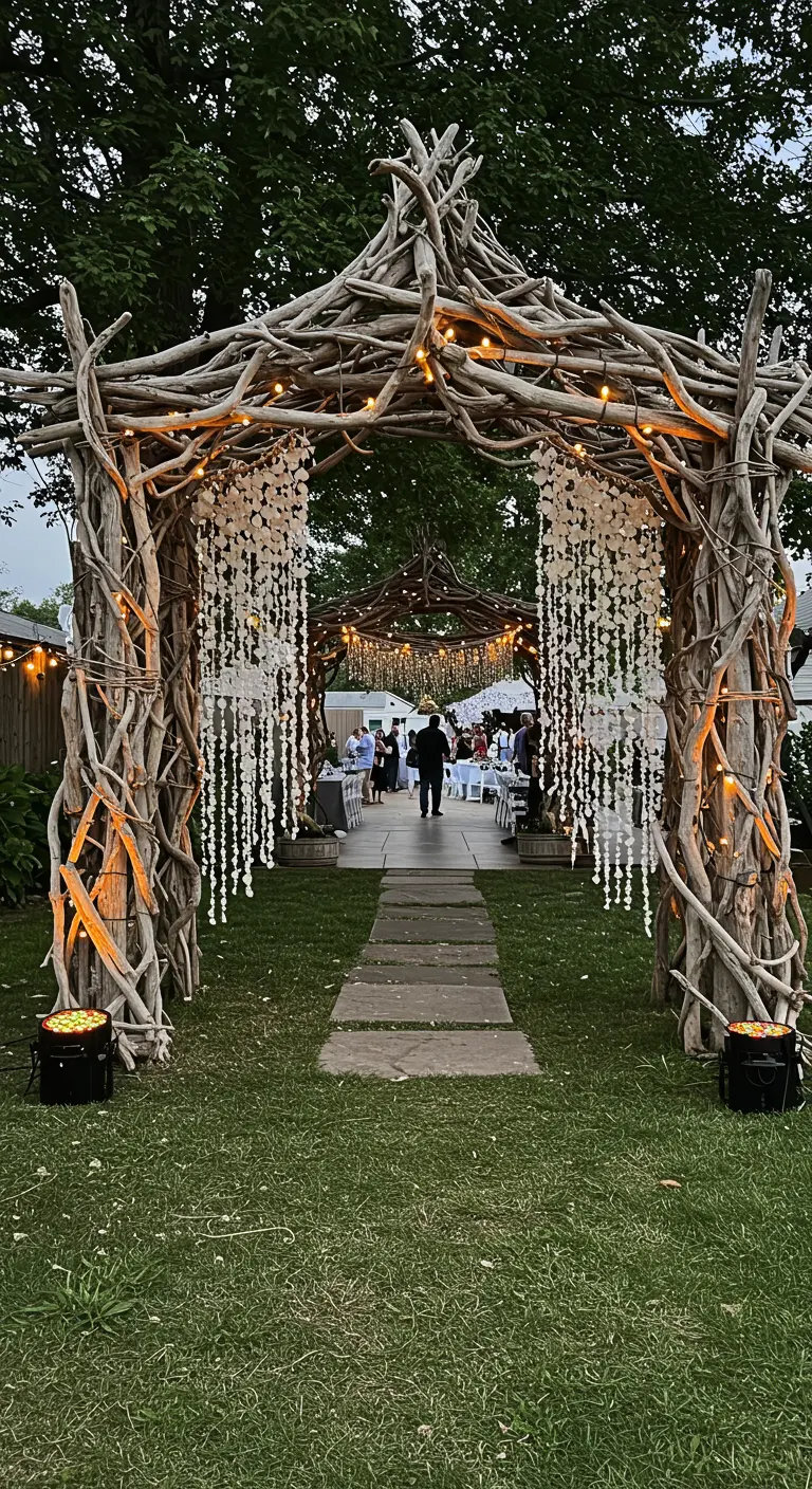 Grand driftwood archway decorated with lights and white floral garlands.