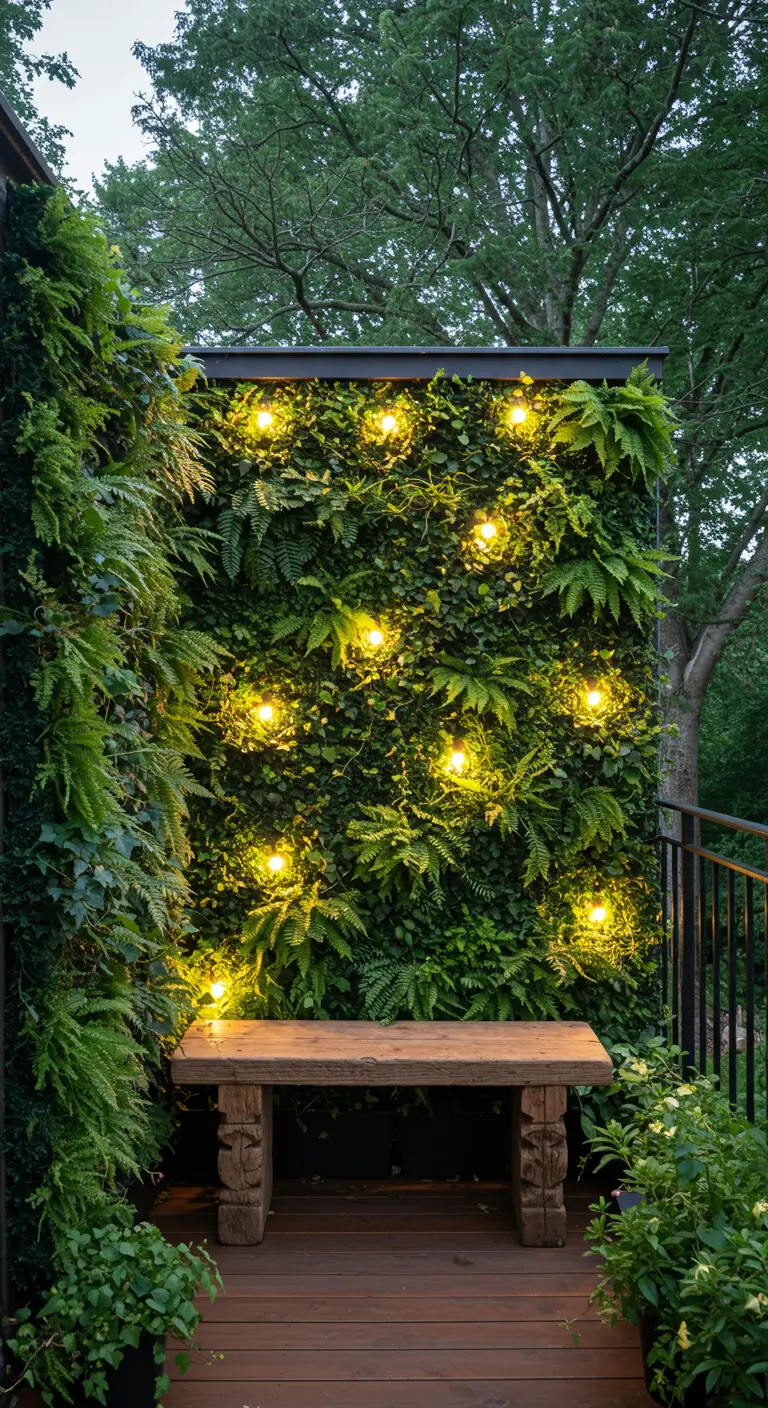 A lush green wall at night, dotted with small, glowing orb lights that look like fireflies, with a rustic bench.