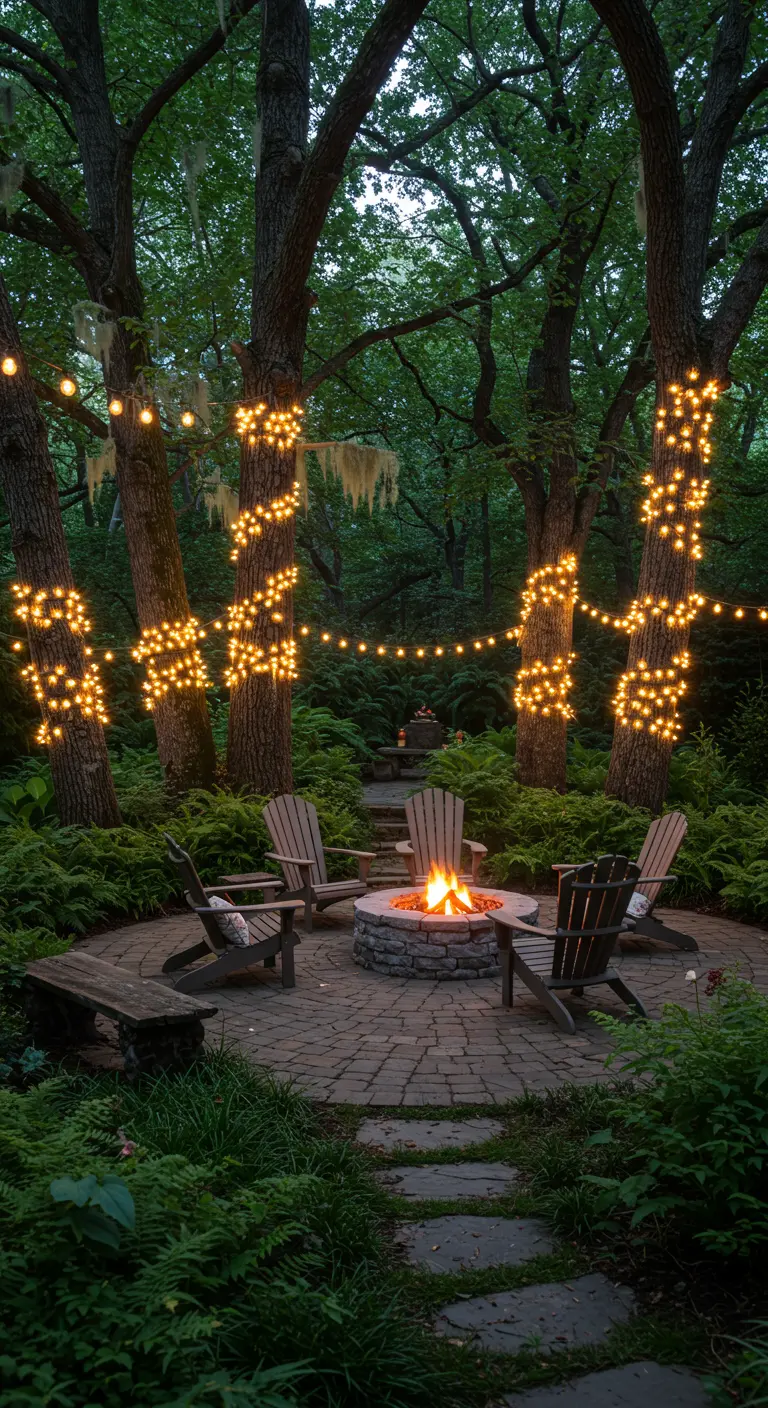 A fire pit in the woods surrounded by chairs, with fairy lights wrapped around the tree trunks.