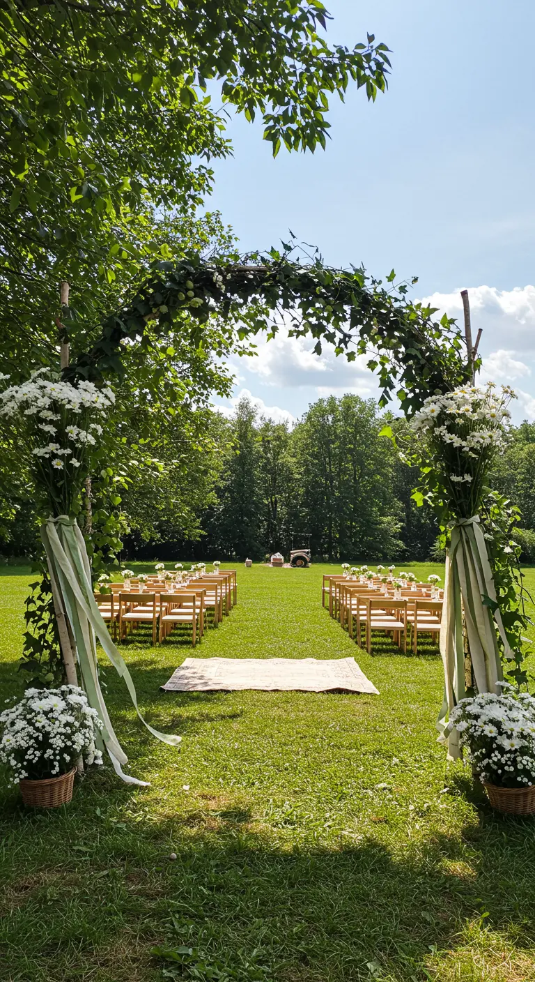 A beautiful garden arch made of branches and covered in ivy and white flowers, set in a field.