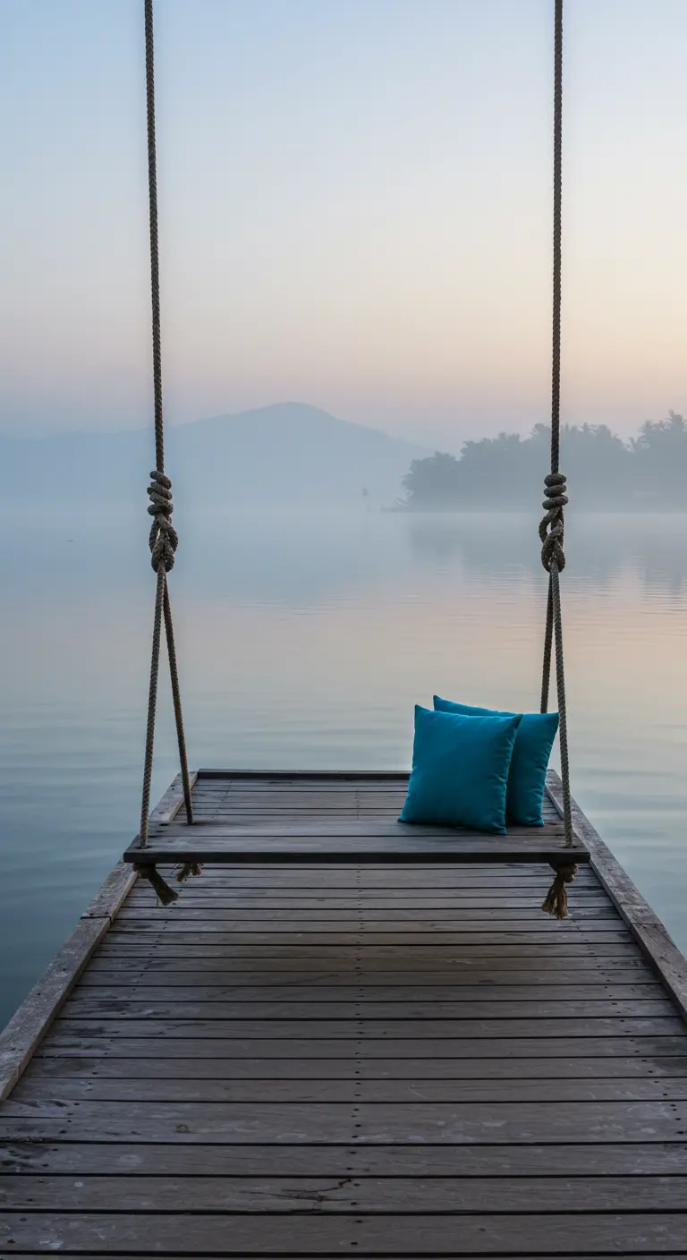 A simple wooden plank swing with two blue pillows at the end of a wooden dock over water.