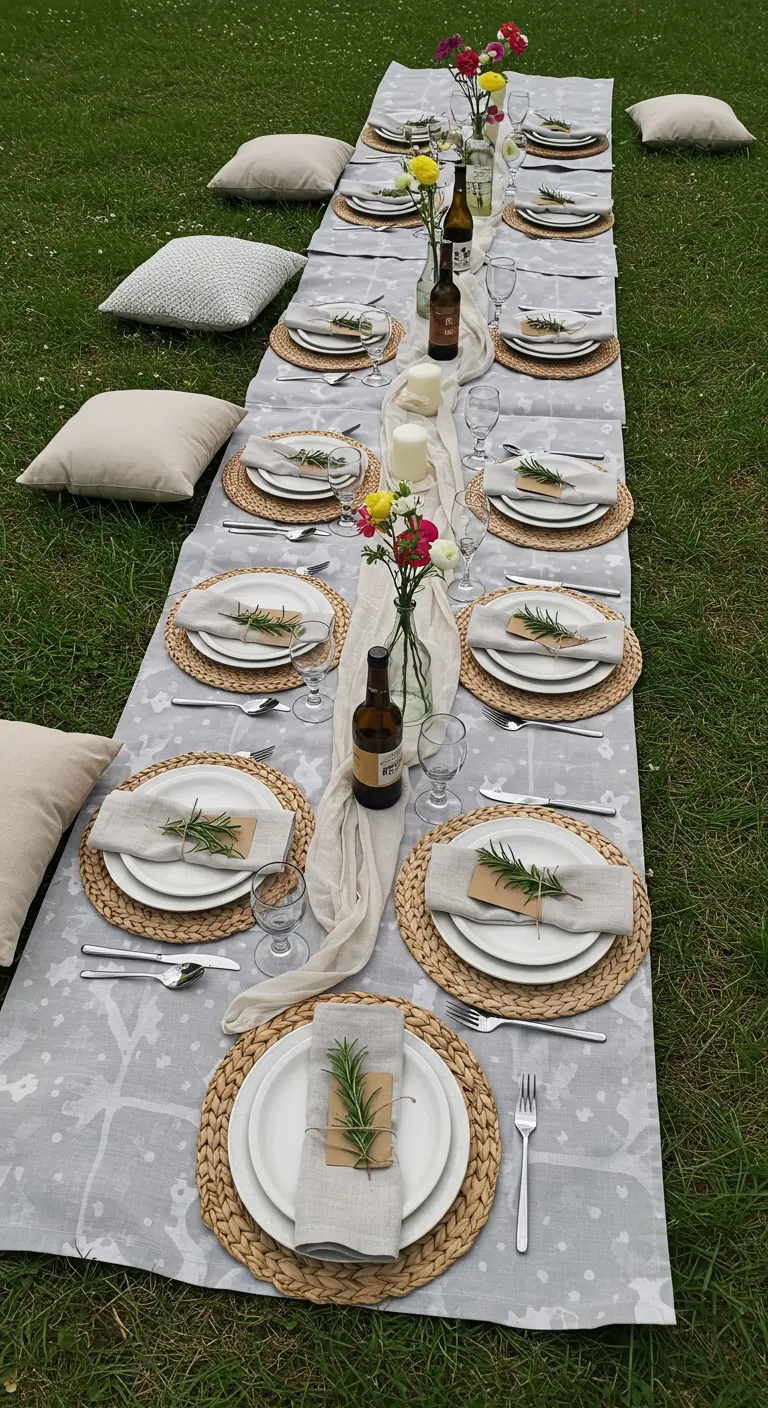 A very long, low picnic table set for many guests with linen napkins and simple floral decor.