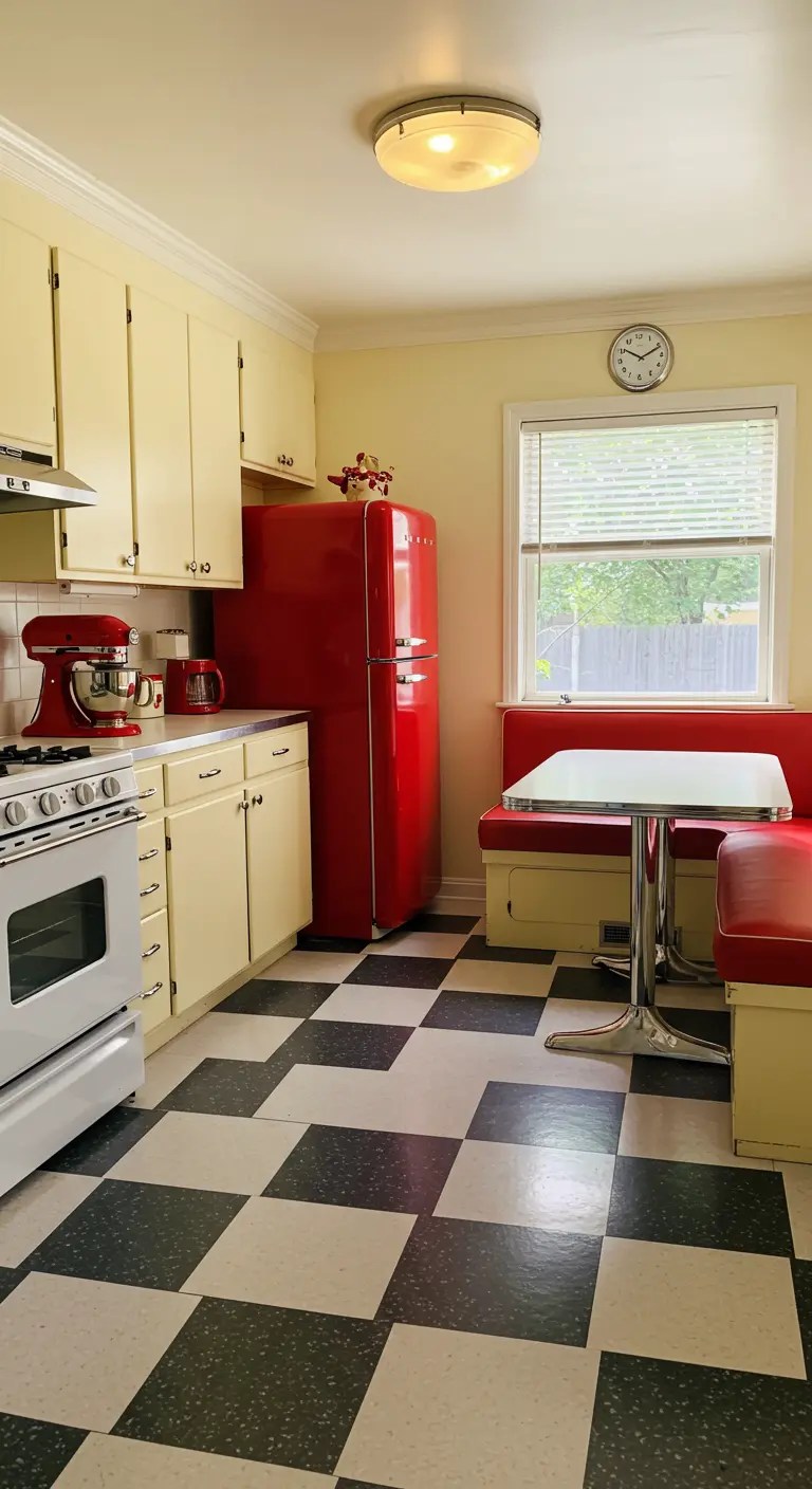 Retro kitchen with red refrigerator, red booth seating, and black and white checkerboard floor.