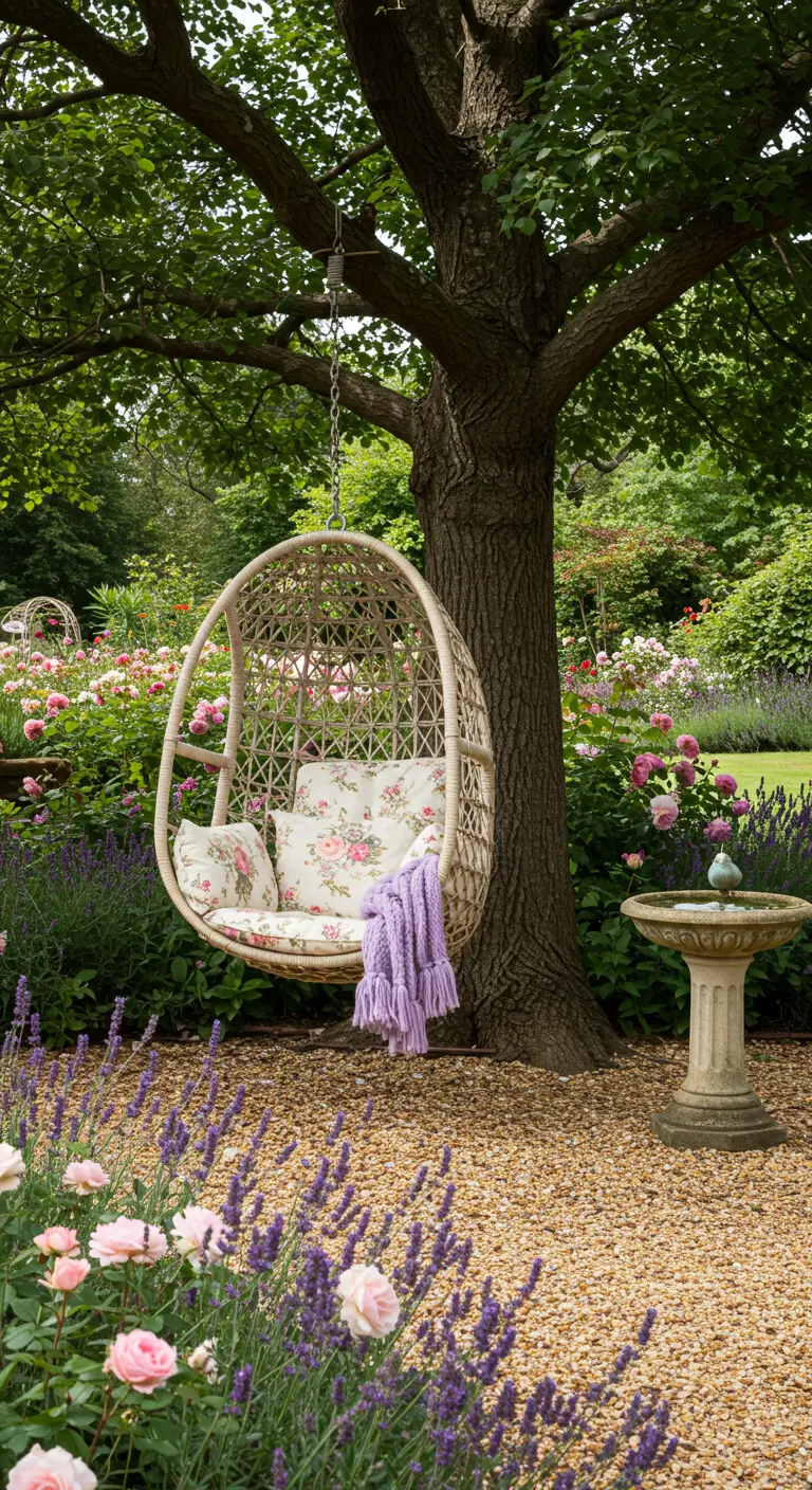 A light rattan egg chair with floral cushions in an English garden with roses and lavender.