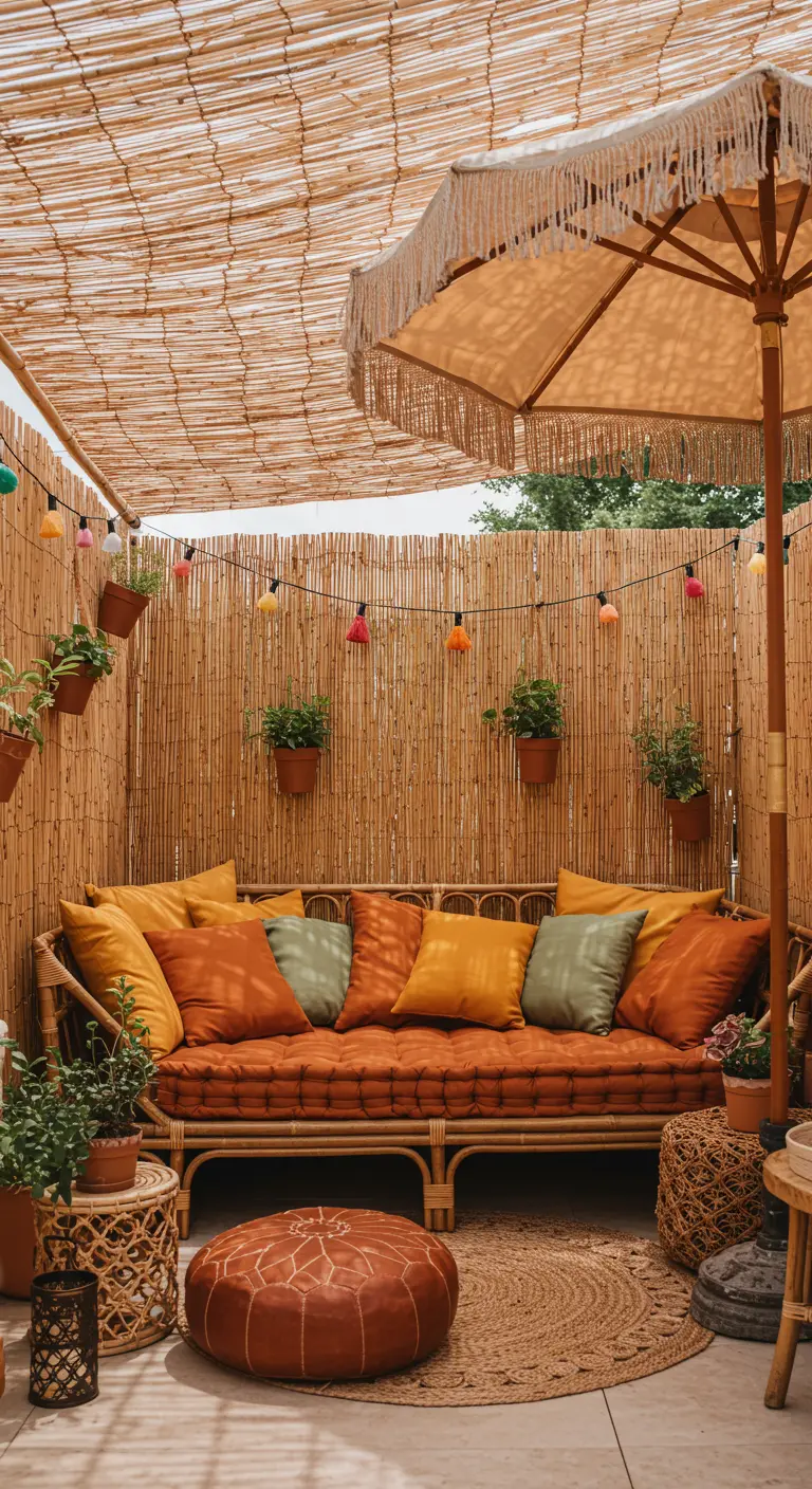 A cozy balcony enclosed with bamboo fencing, featuring an orange daybed and fringed umbrella.