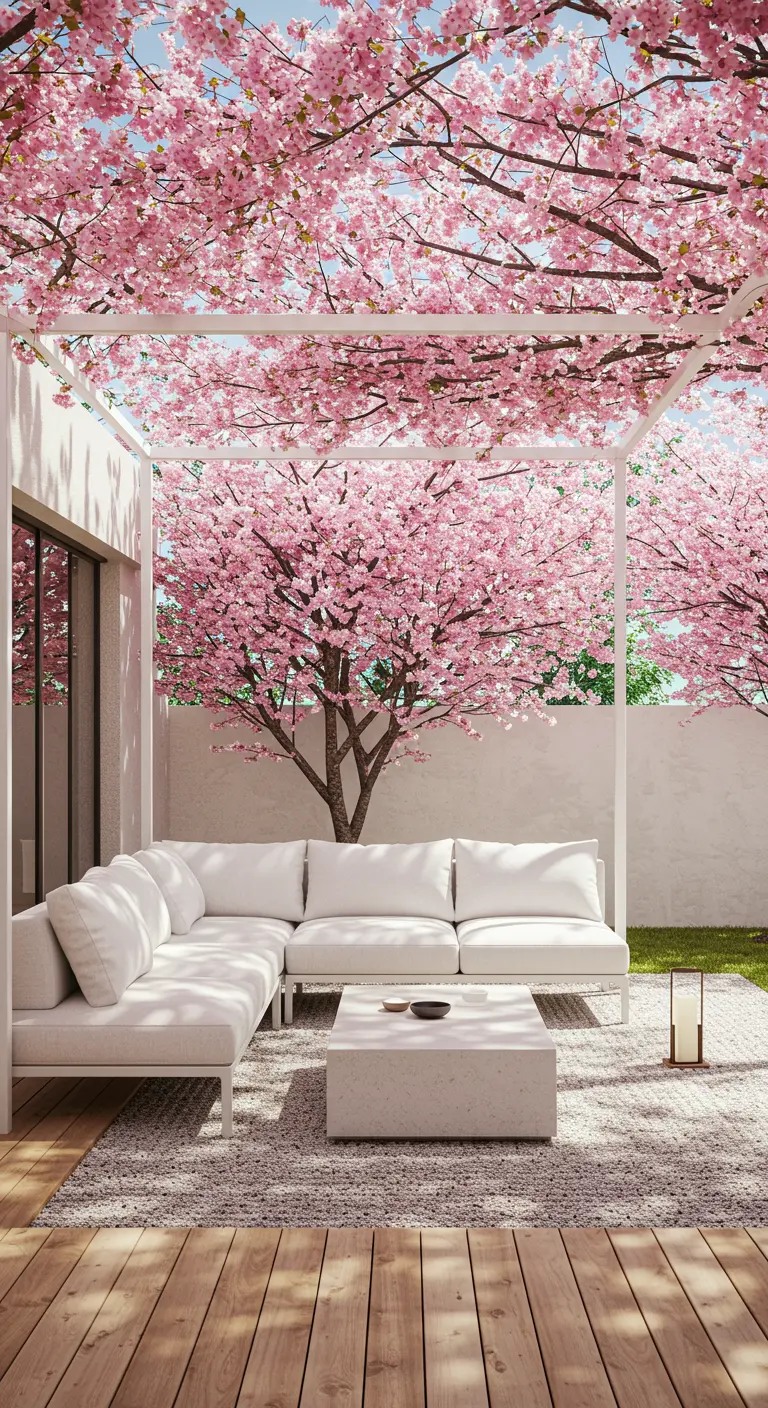 A modern white sectional sofa sits under a pergola covered in pink cherry blossoms.
