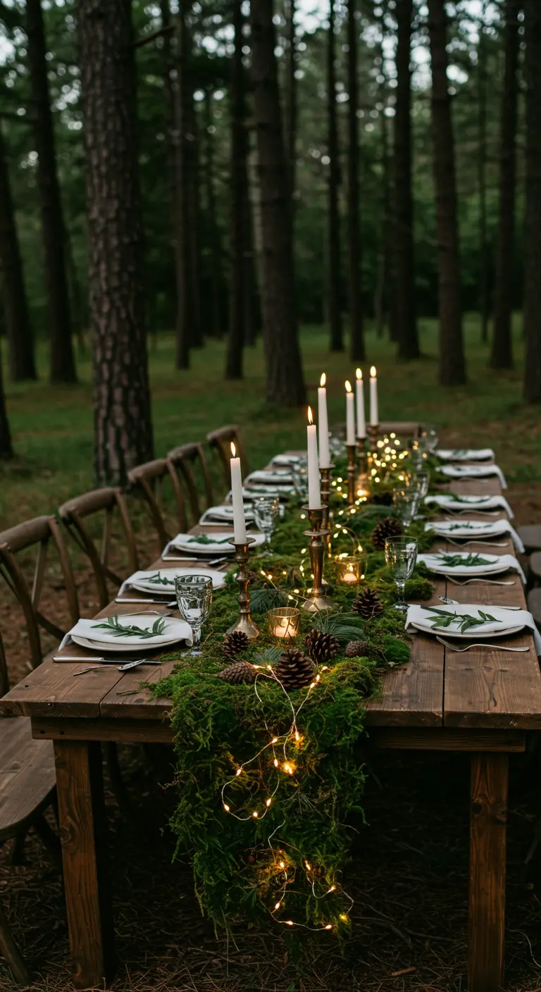 A long wooden table in a forest with a moss runner, candles, and fairy lights.
