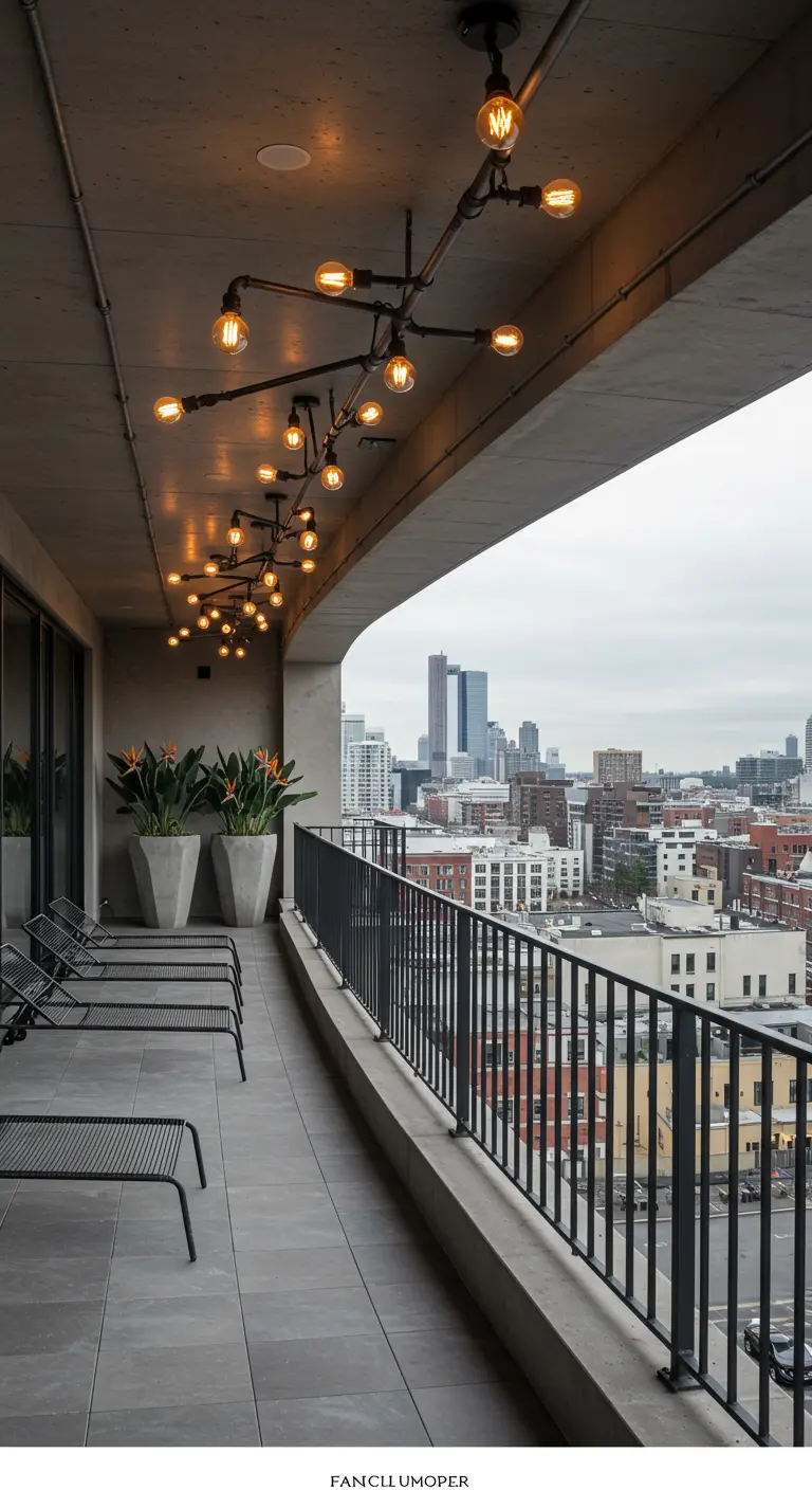 A long balcony with a custom light fixture made from exposed industrial pipes.