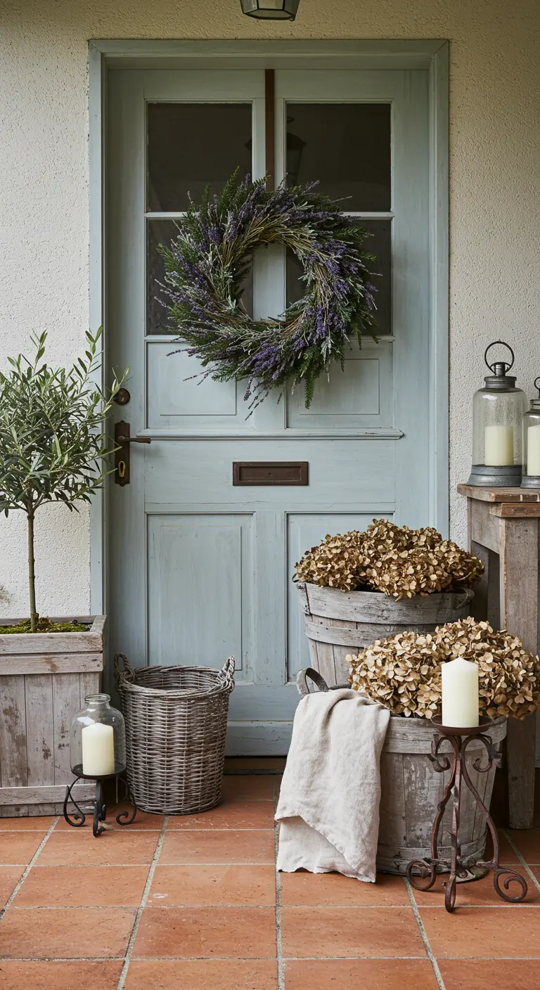 A rustic entryway with a pale blue door, dried hydrangeas in buckets, and a lavender wreath.