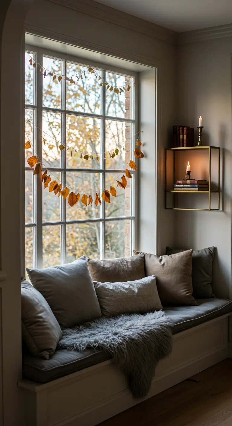 A cozy window seat with a simple garland made of real autumn leaves hanging on the window.