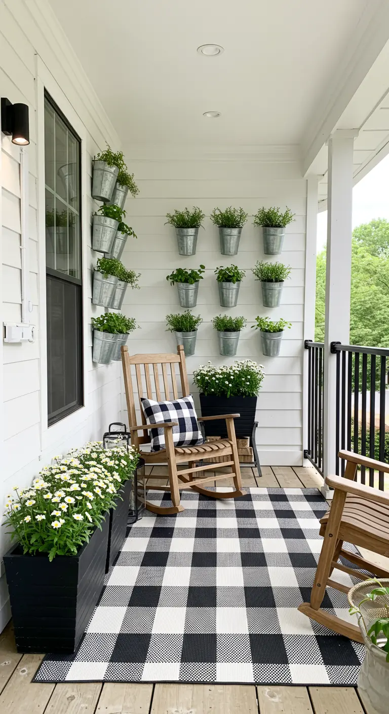 A modern farmhouse porch with a wall of galvanized bucket planters and a buffalo check rug.
