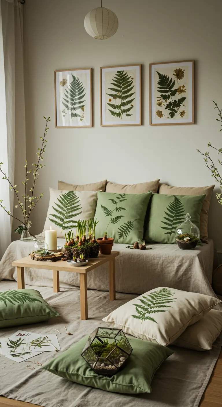 Botanical-themed room with fern-print pillows and art, with potted plants and terrariums.