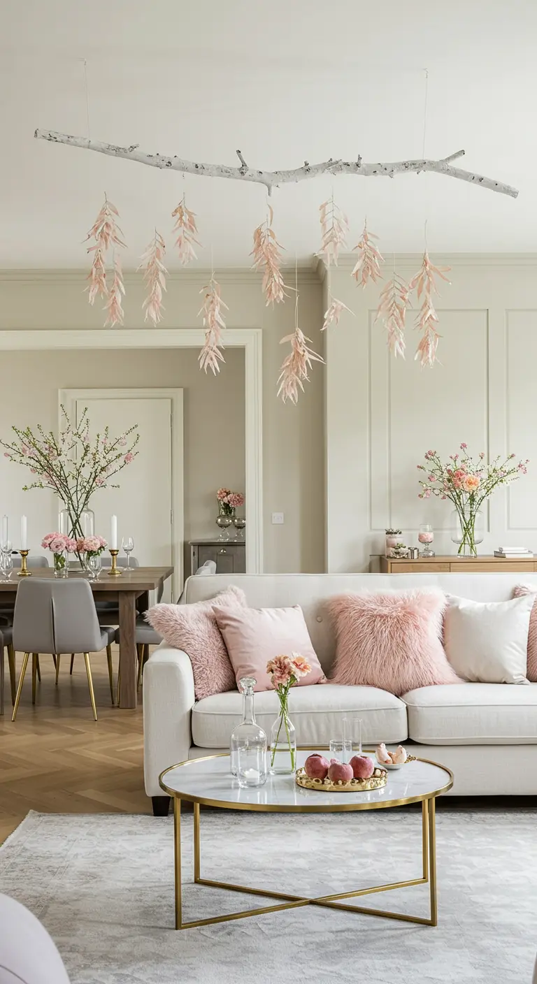 A branch hangs horizontally from the ceiling, with delicate pink leaves dangling down.