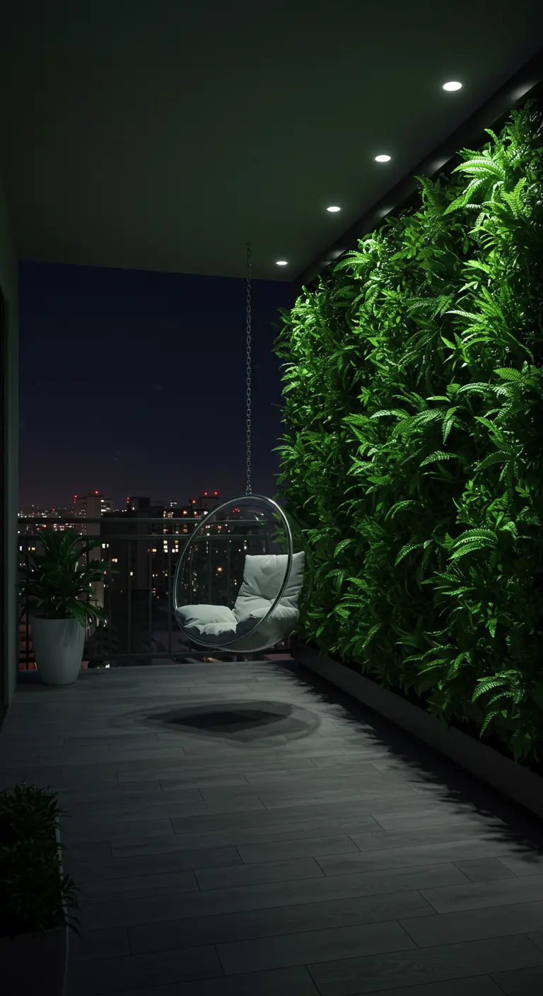 A dark balcony at night with an illuminated green wall and a clear hanging bubble chair floating in front.