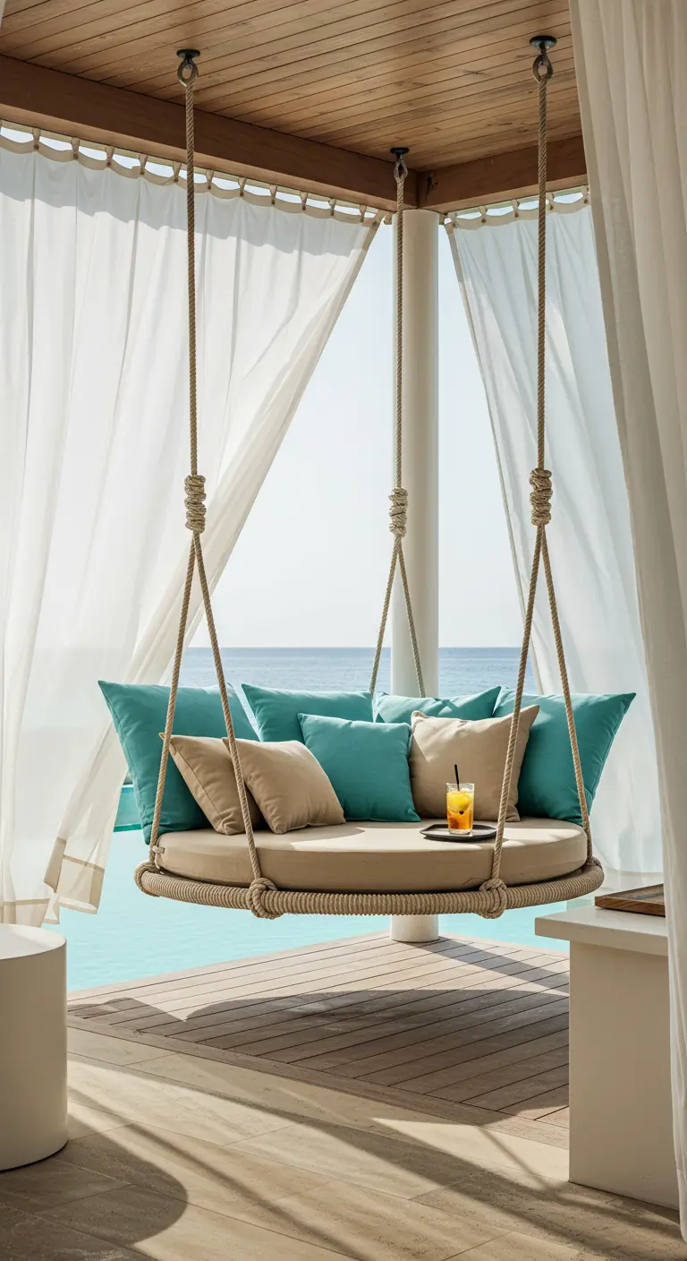 A large, round hanging daybed with many pillows, draped with white curtains, by a pool.