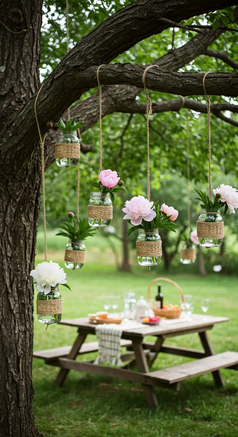 Mason jars filled with pink and white flowers, hanging from a tree branch with twine.
