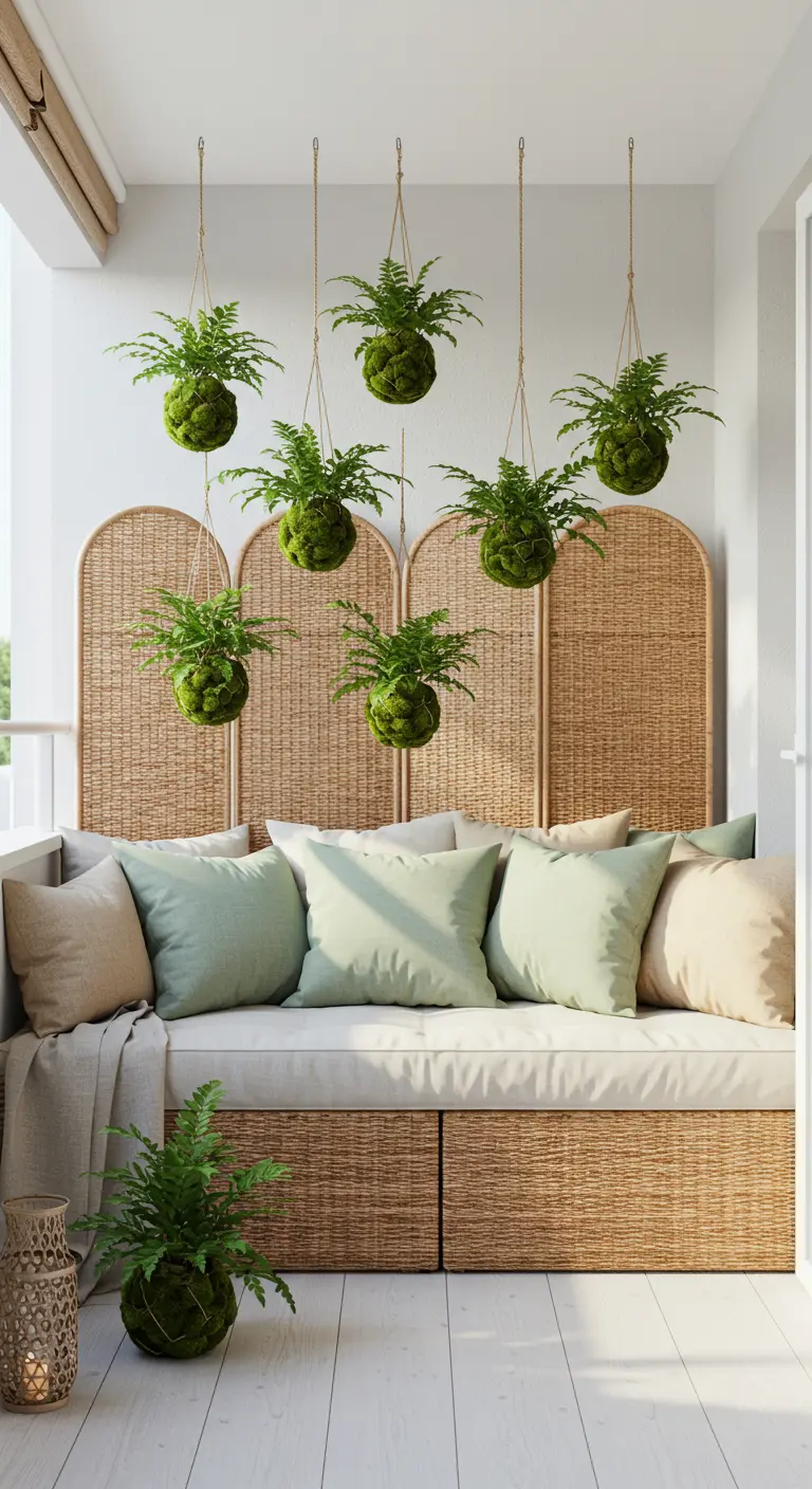 A bright balcony with a wicker bench and hanging kokedama fern balls above.