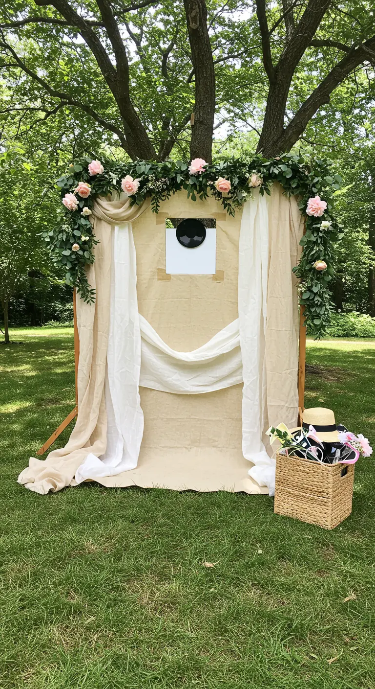 A DIY outdoor photo booth with a fabric backdrop, a fresh flower garland, and a prop basket.