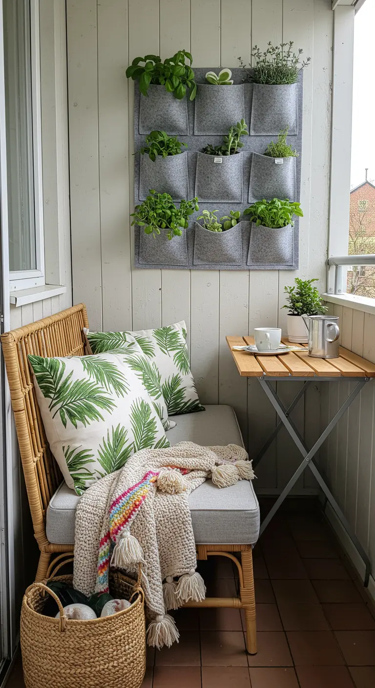 Rattan bench next to a wall-mounted felt planter filled with fresh herbs.