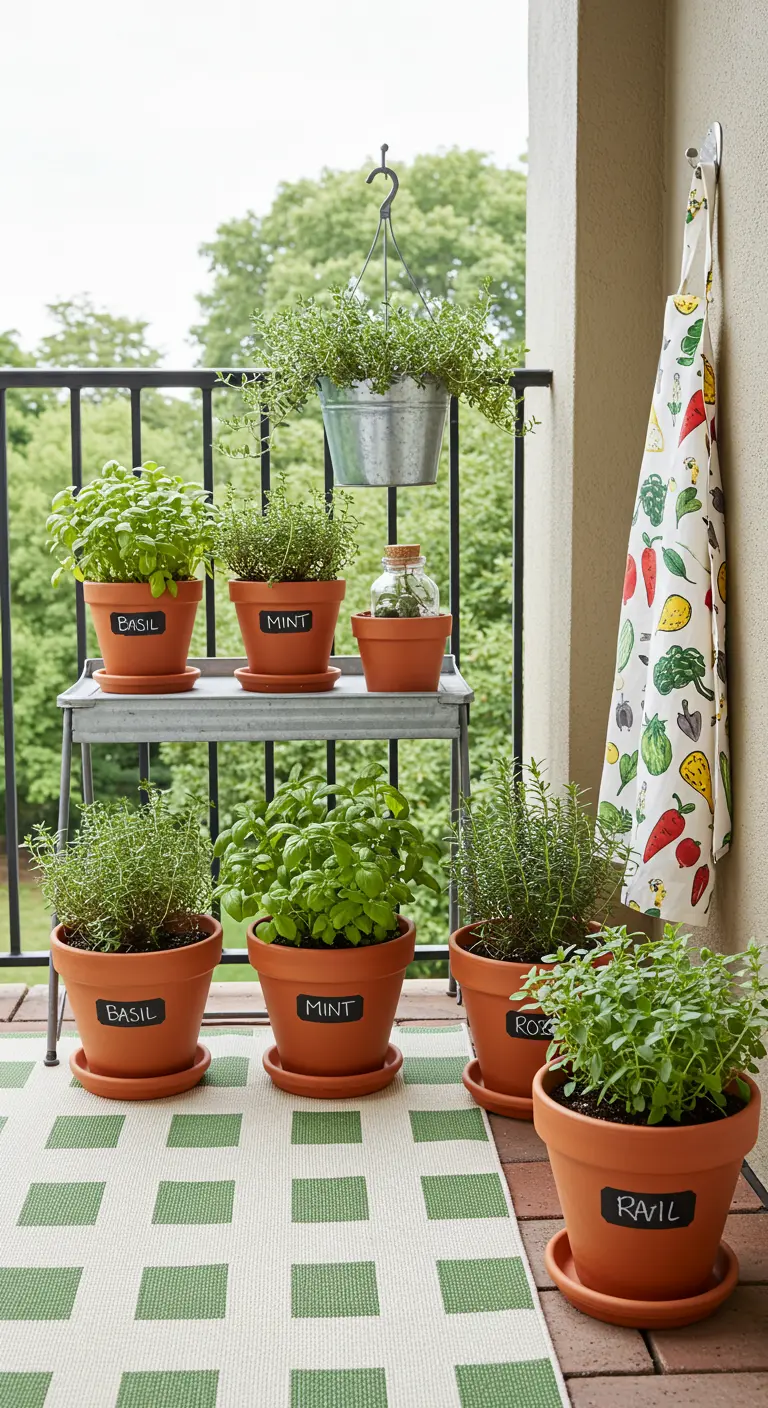 A neat balcony herb garden in terracotta pots with chalkboard labels on a tiered stand.