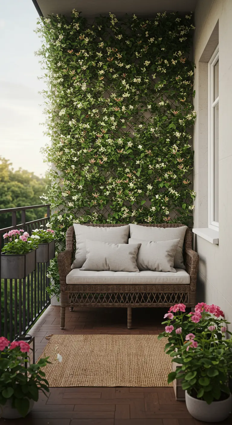 A narrow balcony with a wall completely covered in flowering jasmine, in front of a wicker sofa.
