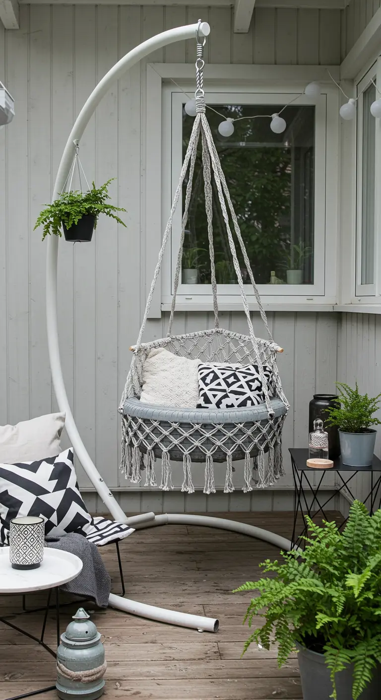 Grey macramé tire swing on a white metal stand on a patio.