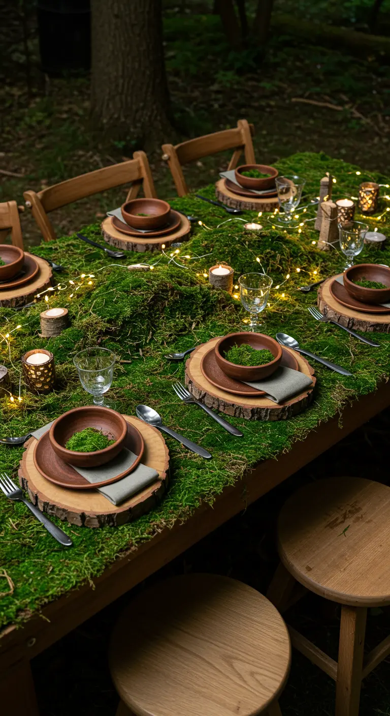 A table completely covered in moss, with wood slice chargers and wooden bowls.
