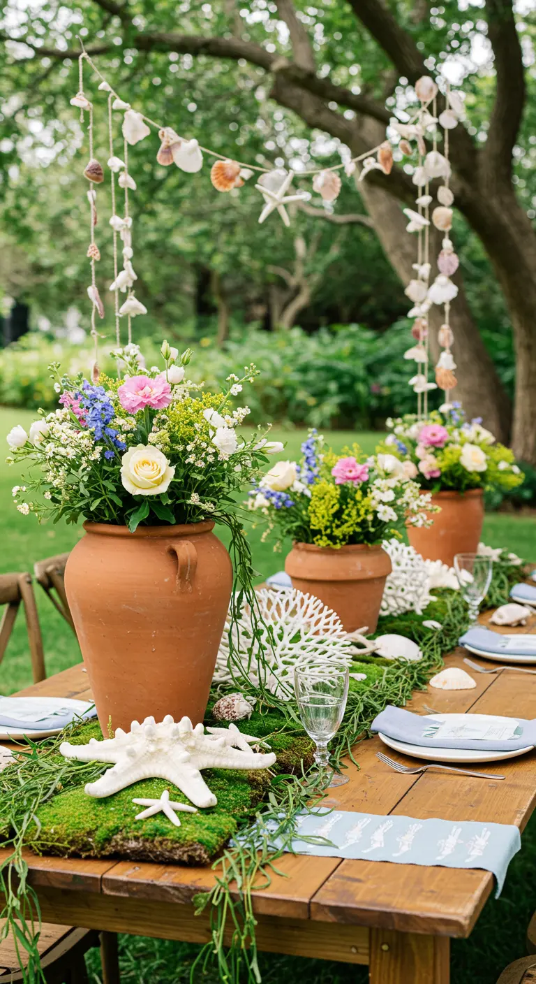 Garden party table with a moss runner, starfish, and terracotta pots.