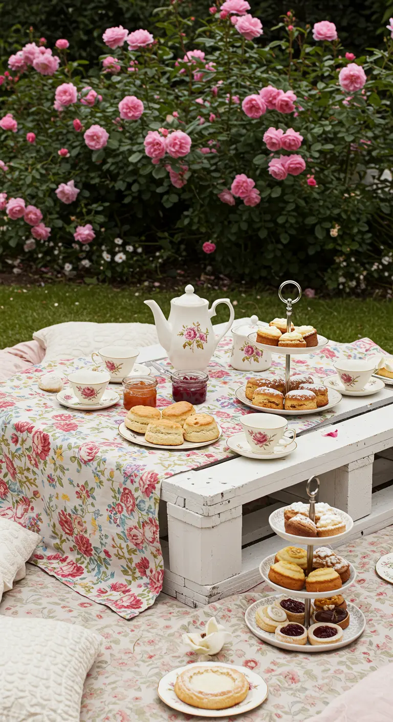 A high tea picnic setup on a pallet table with floral linens, teacups, and tiered pastry stands.