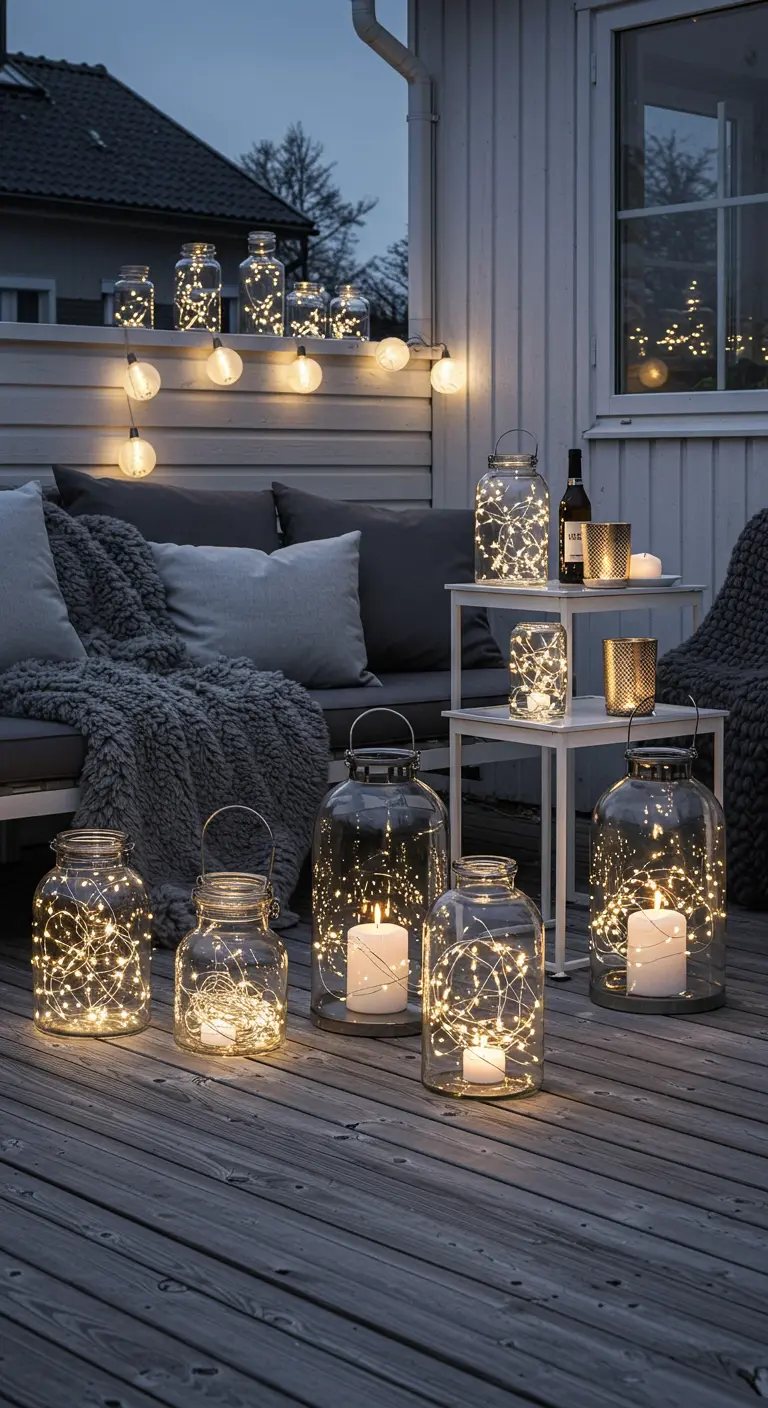 A cozy outdoor seating area with various glass jars and lanterns filled with fairy lights on a wooden deck.